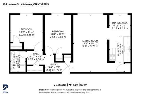 Floor plan for 2 beds, 1 bath, 741 sqft